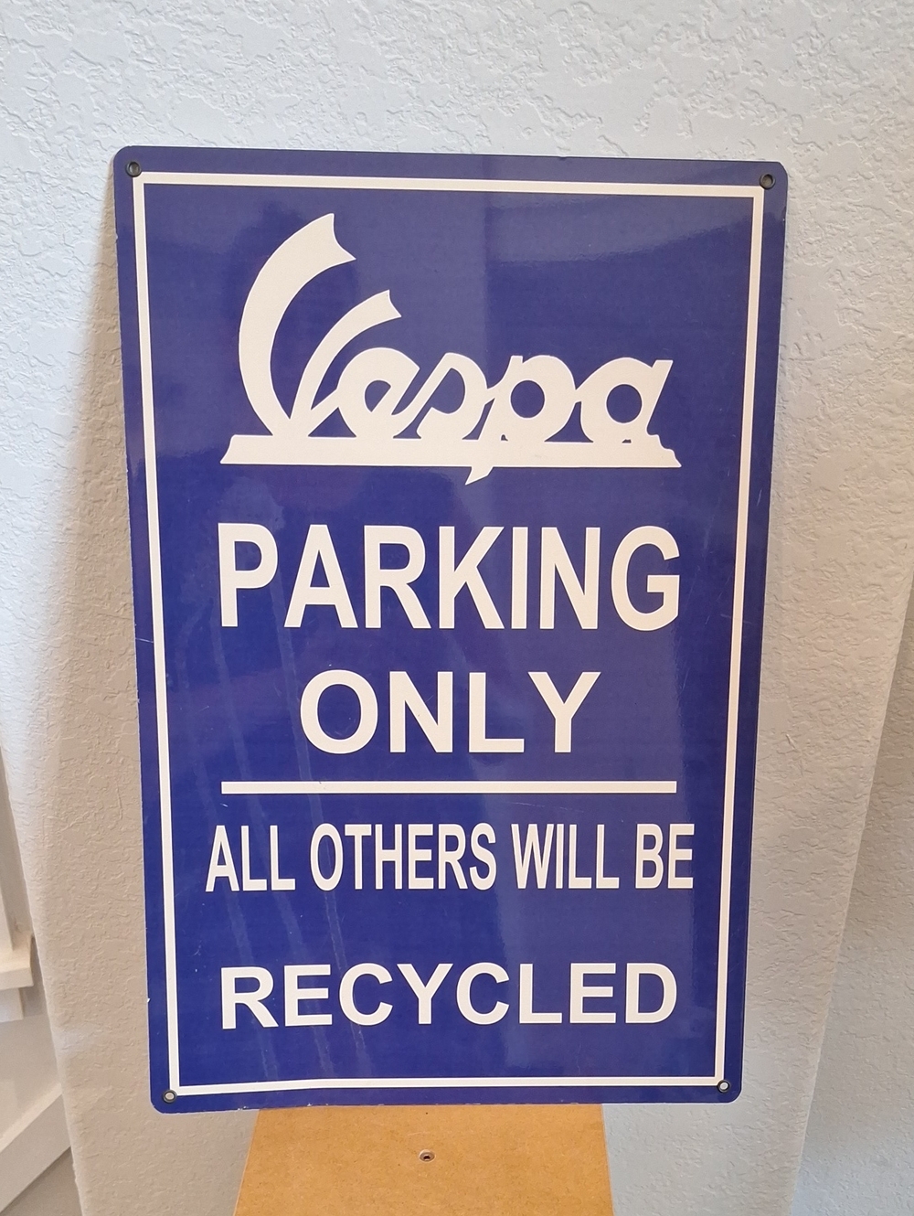 Retro Vespa Parking Only Metal Rectangular Sign Blue & White
